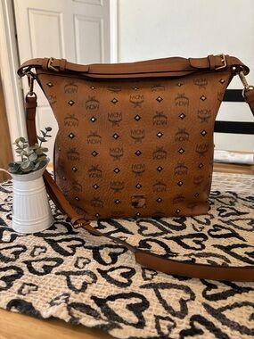 MCM Cognac Visetos Monogram Shoulder Bag with Gold Hardware